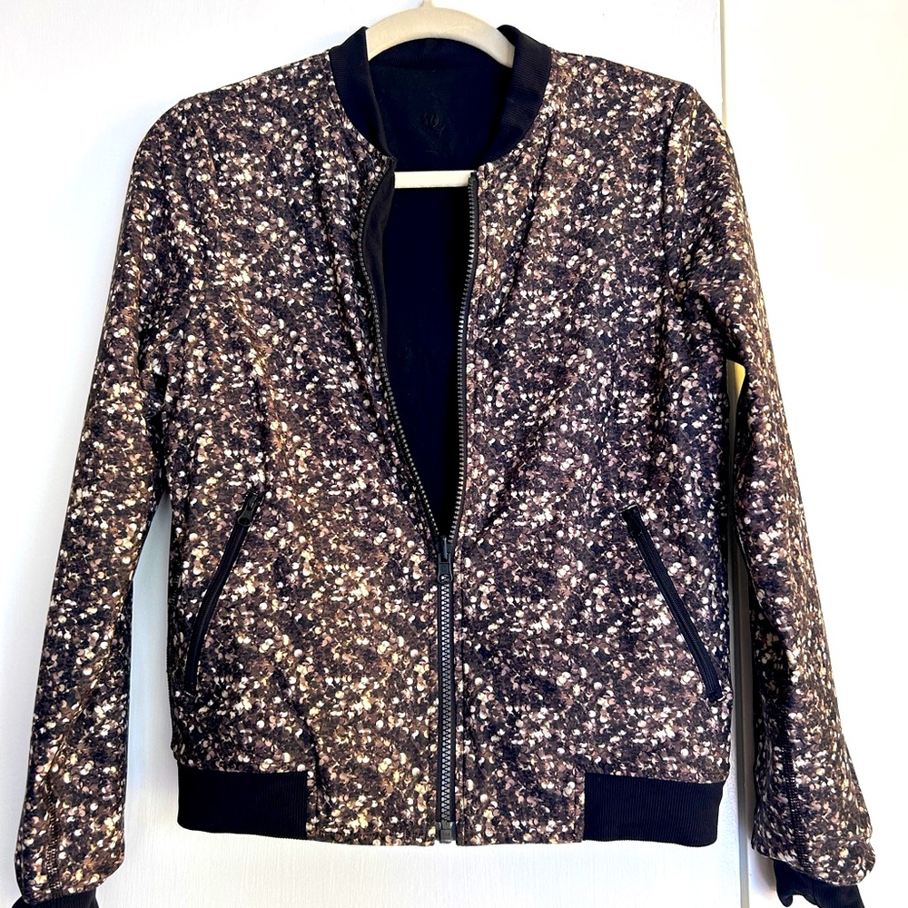 Lululemon Party Bomb Reversible Bomber Jacket, Black/Blk,Brown,Grey print, small